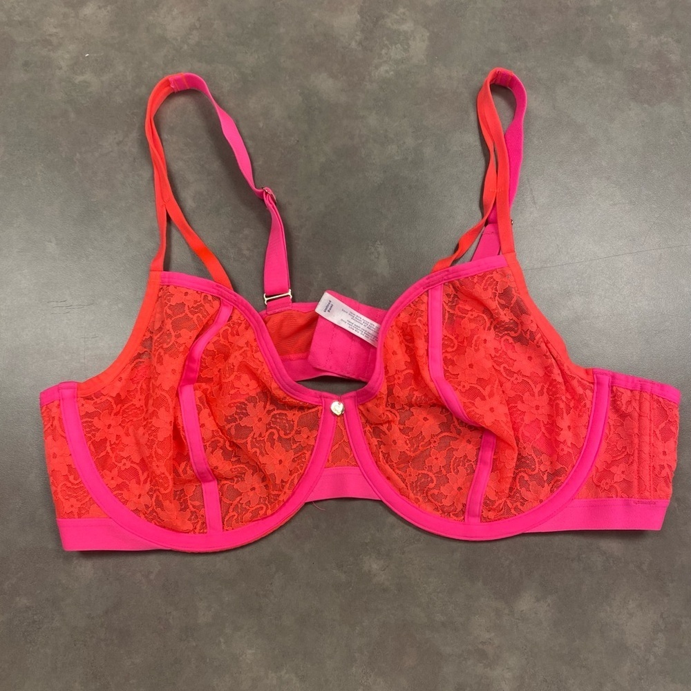Cacique Unlined Demi Bra Size 44C Bright Orange Pink Lace